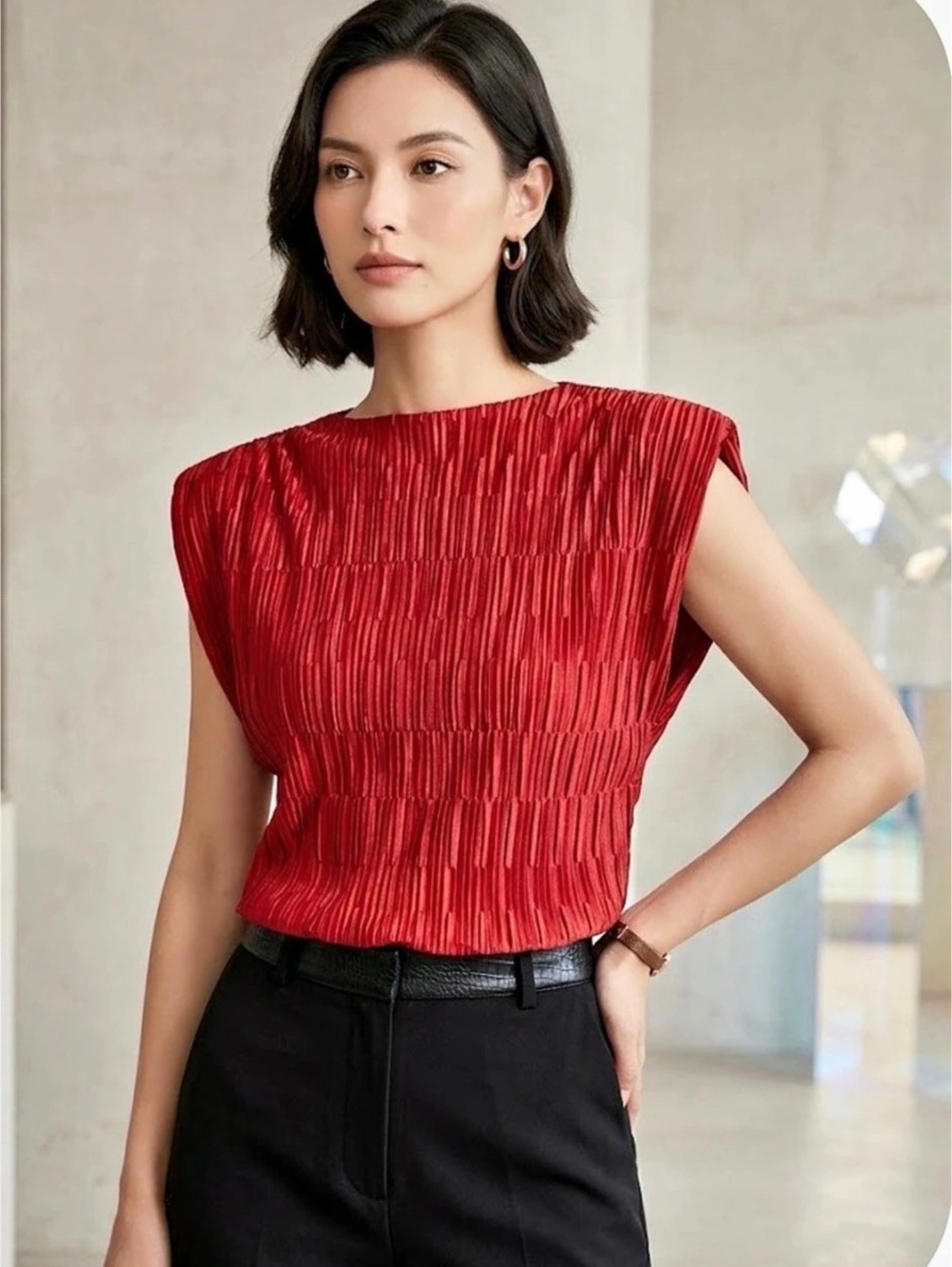 ASTR The Label Red Plissé Mock Neck Top XS Pleated Shoulder Pad Tank